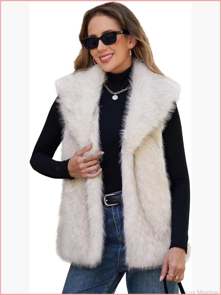 Faux Fur Vest Lapel Collar Sleeveless Open Front Cardigan With Pockets